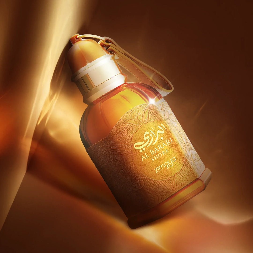 Perfume bottle with 'Al Haramain' branding on a warm, blurred background
