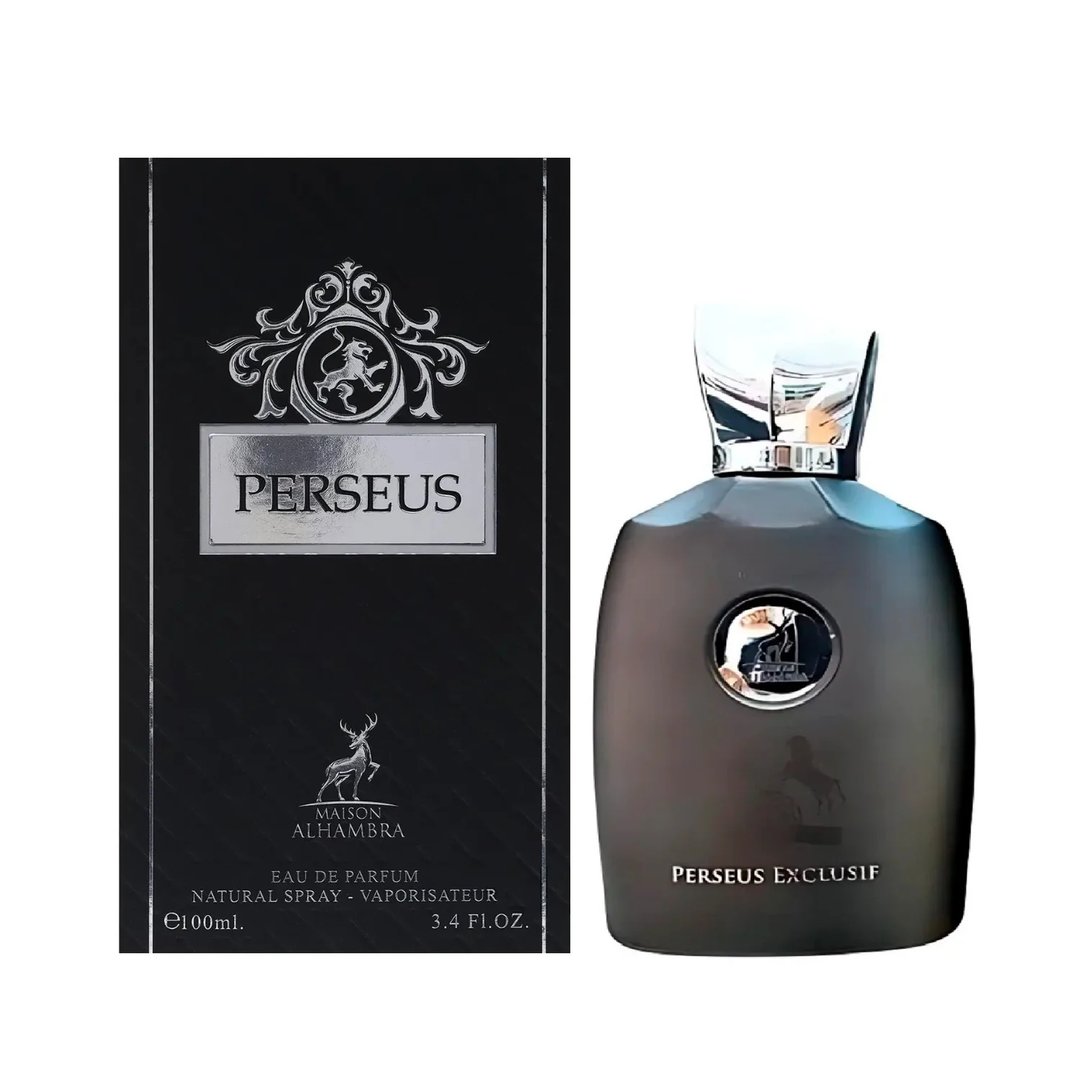 Maison Alhambra Perseus Exclusif — A dark grey perfume bottle with a silver cap and a circular emblem on the front, next to its matching black box with silver horse and deer graphics. | Maison Alhambra Perseus Exclusif — Botol minyak wangi kelabu gelap dengan penutup perak dan lambang bulat di hadapan, bersebelahan