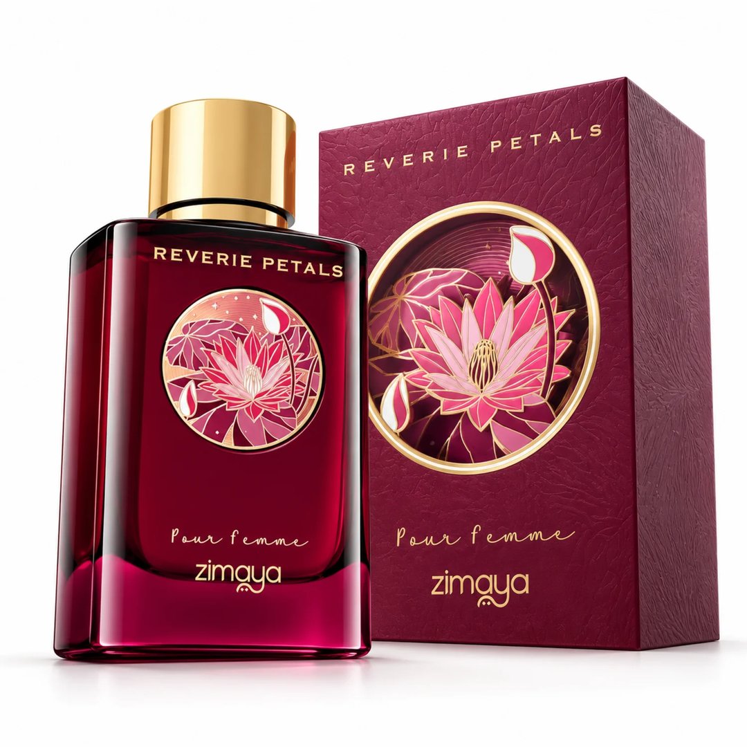 Zimaya Reverie Petals by Zimaya 100ml EDP Women — A woman's hand with dark red nails reaches for the gold cap of a deep red perfume bottle, next to its matching box, surrounded by dark red flowers and delicate white blossoms on a marble surface.