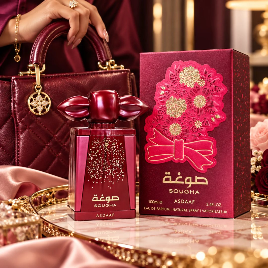 Asdaaf Sougha — Red perfume bottle with gold speckles and ornate floral embossed box with a red bow