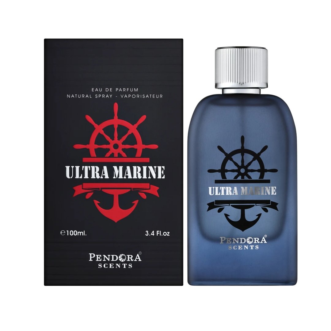 Pendora Ultra Marine 100ml — A dark blue glass perfume bottle with a silver cap stands next to its navy blue box, both featuring a red ship's wheel and anchor emblem. | Pendora Ultra Marine 100ml — Botol kaca biru gelap dengan penutup perak berdiri di sebelah kotak biru navinya, kedua-duanya menampilkan lambang roda