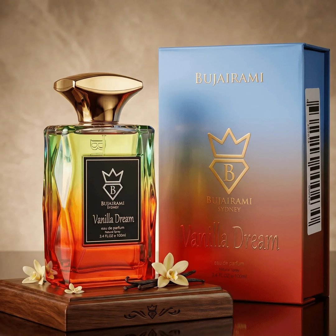 Bujairami Vanilla Dream — Perfume bottle with gradient orange-blue box, gold cap, and black label