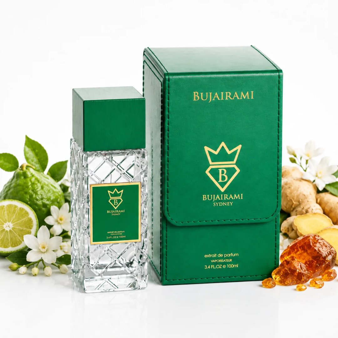 Bujairami Vibration by Bujairami 100ml Extrait de Parfum — Clear glass bottle with green cap and label next to a green