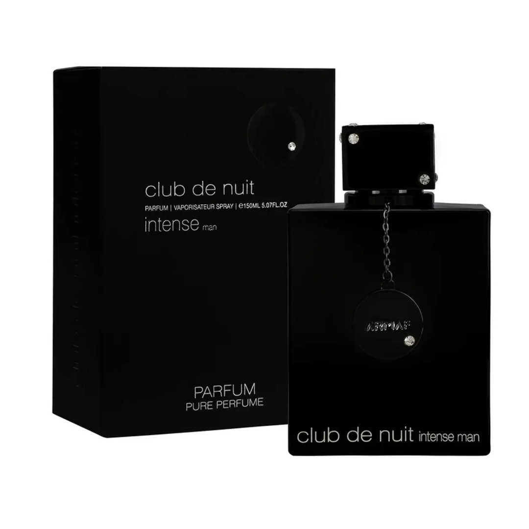 Armaf Club De Nuit Intense Man Parfum 150ml — Black perfume box and bottle with silver accents, featuring the brand name and product details | Armaf Club De Nuit Intense Man Parfum 150ml — Kotak dan botol minyak wangi hitam dengan perincian perak, memaparkan nama jenama dan butiran produk