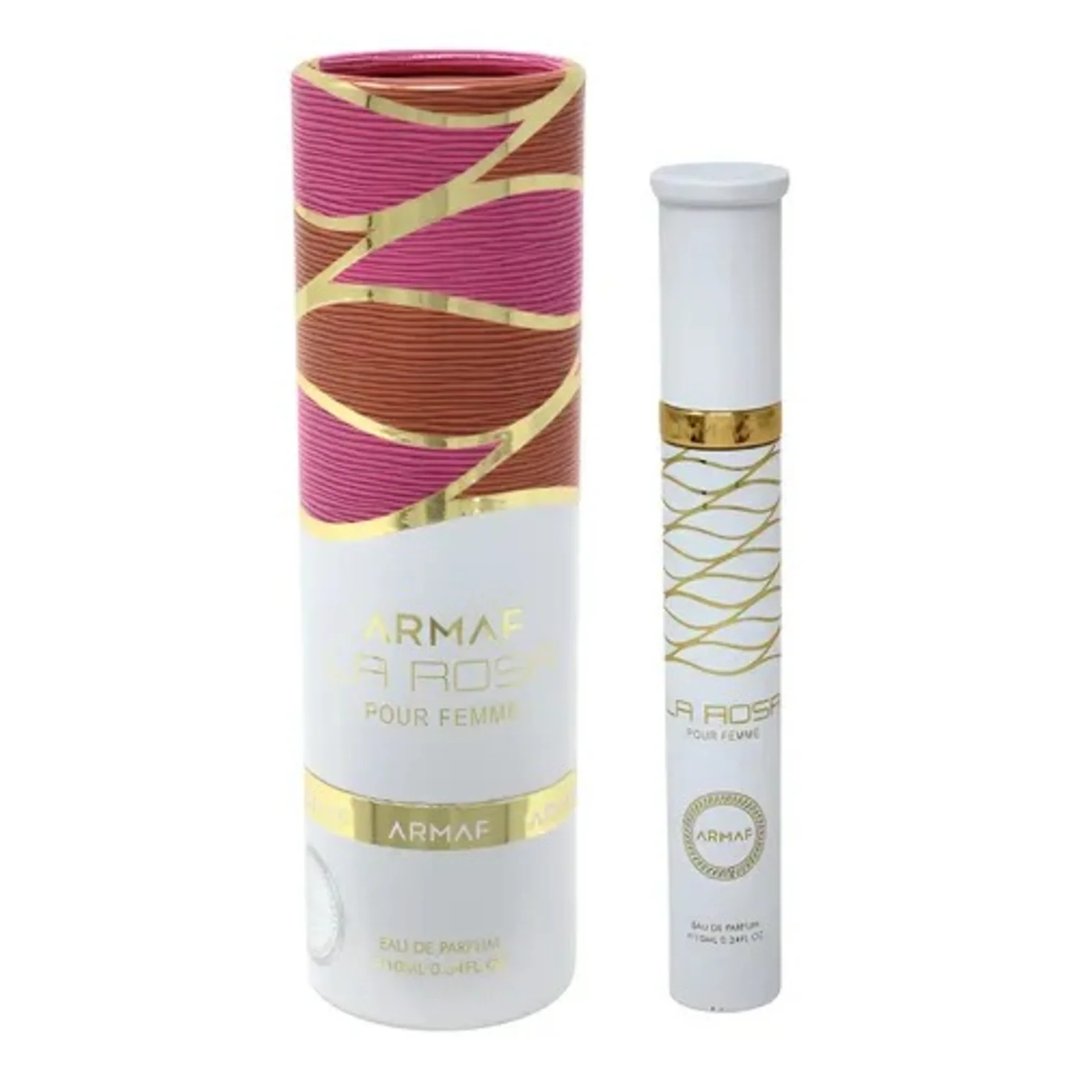 Armaf La Rosa Eau De Parfum 10ml — A tall cylindrical perfume tube with pink and brown patterned wrapping and gold accents stands next to a slim white perfume bottle with gold wavy lines. | Armaf La Rosa Eau De Parfum 10ml — Tiub minyak wangi silinder tinggi dengan balutan bercorak merah jambu dan coklat serta aksen