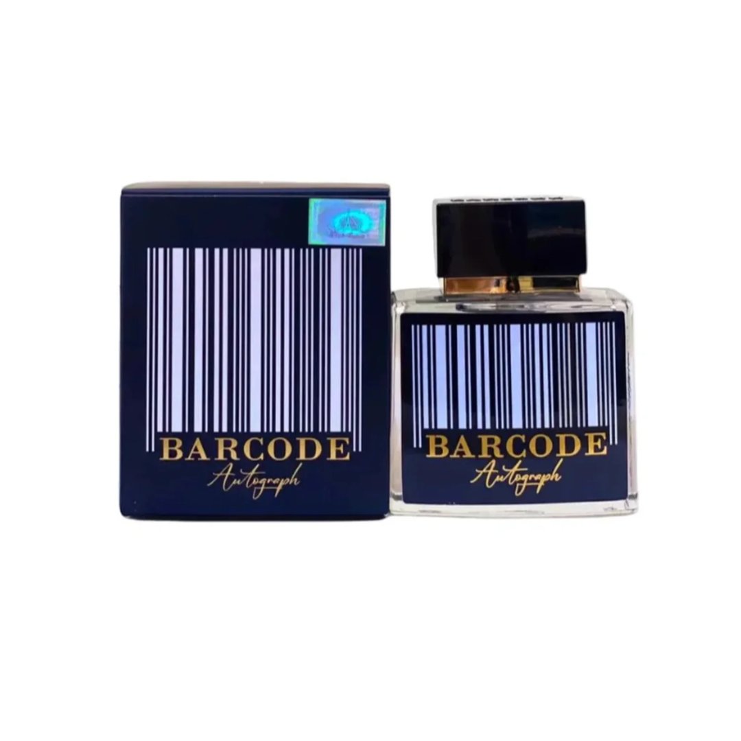 Paris Corner Autograph 100ml — A perfume bottle and its box are displayed side-by-side against a white background. Both feature a barcode design and the text "BARCODE Autograph" in gold lettering. | Paris Corner Autograph 100ml — Sebotol minyak wangi dan kotaknya dipamerkan bersebelahan di atas latar belakang putih.