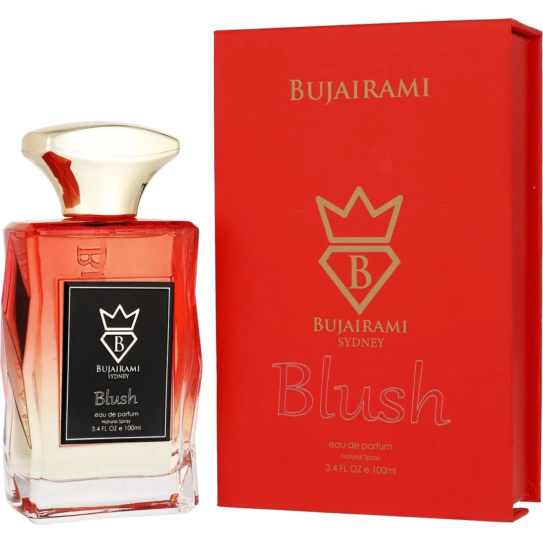 Bujairami Blush Eau de Parfum — Red box and glass bottle with gold cap and red liquid, black label with gold crown and B logo