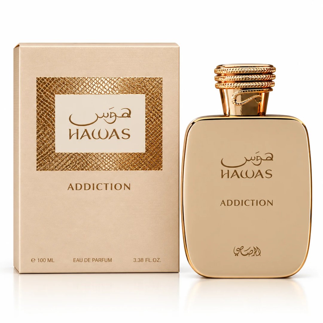 RASASI Hawas Addiction by Rasasi 100ml EDP — Gold bottle and matching box with textured gold panel and Arabic calligraphy.
