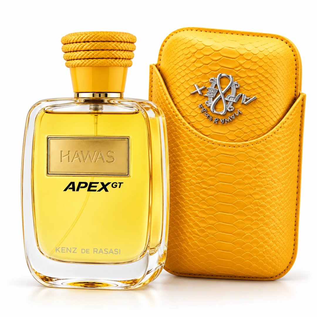 Kenz de Rasasi Hawas Apex GT — Clear glass perfume bottle with yellow liquid, gold rectangular label with black text 'HAWAS' and 'APEX GT', and a textured yellow cap, isolated on white.