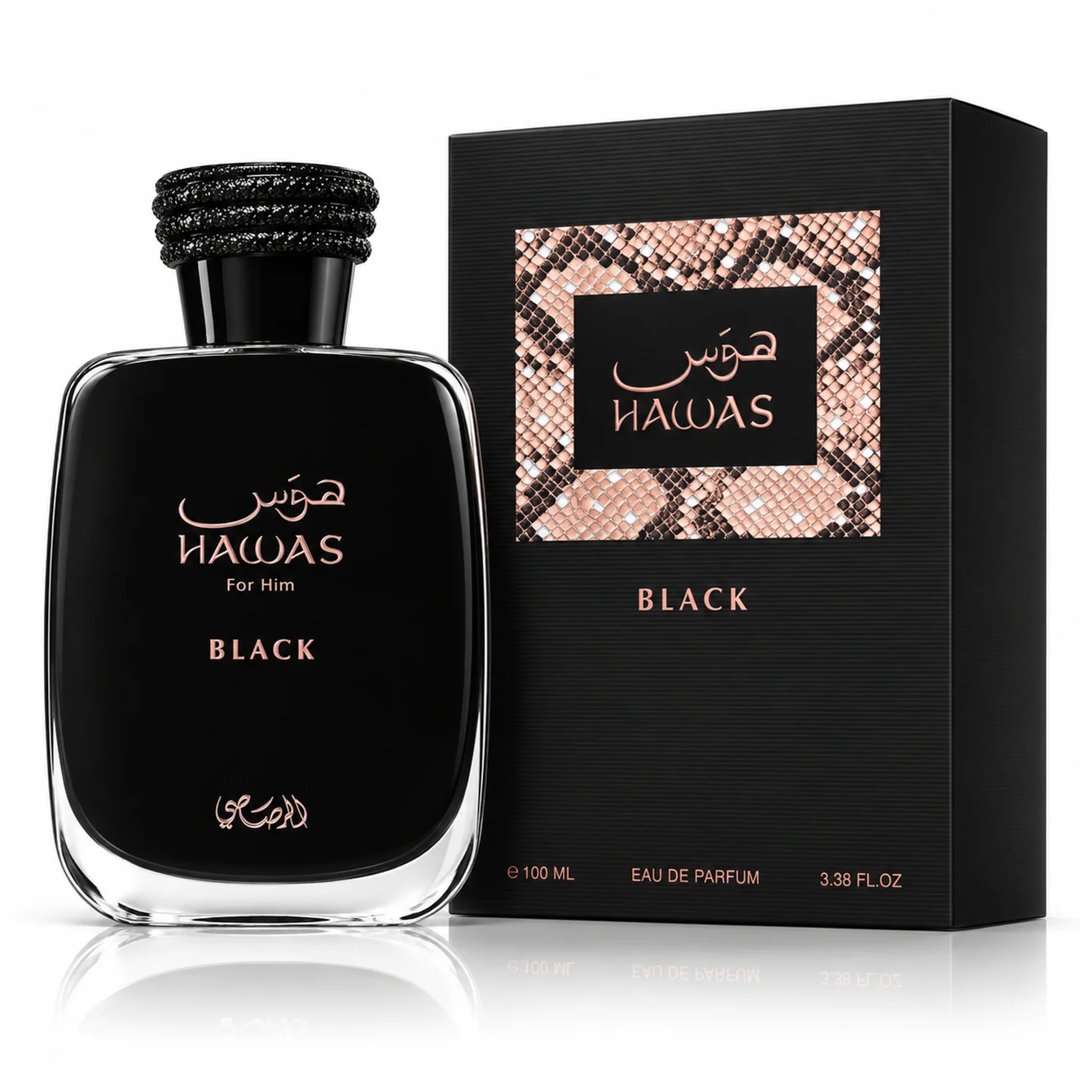 RASASI Hawas Black For Him by Rasasi 100ml EDP — Black glass perfume bottle with textured black cap next to a black box featuring a rose gold snakeskin pattern and the brand logo