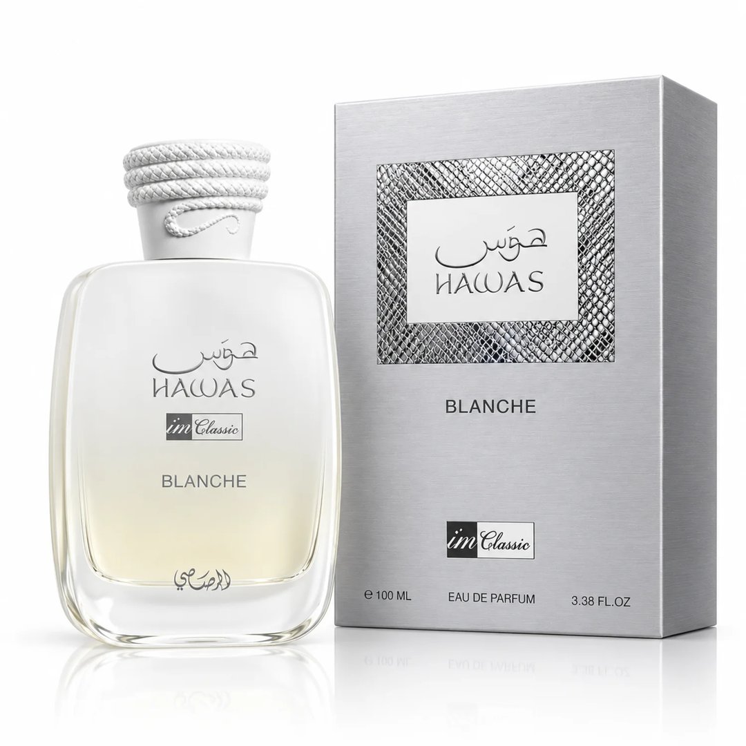 RASASI Hawas Blanche by Rasasi 100ml EDP — White rope-tied cap perfume bottle next to its silver textured box, both featuring the Hawas Blanche logo and text.