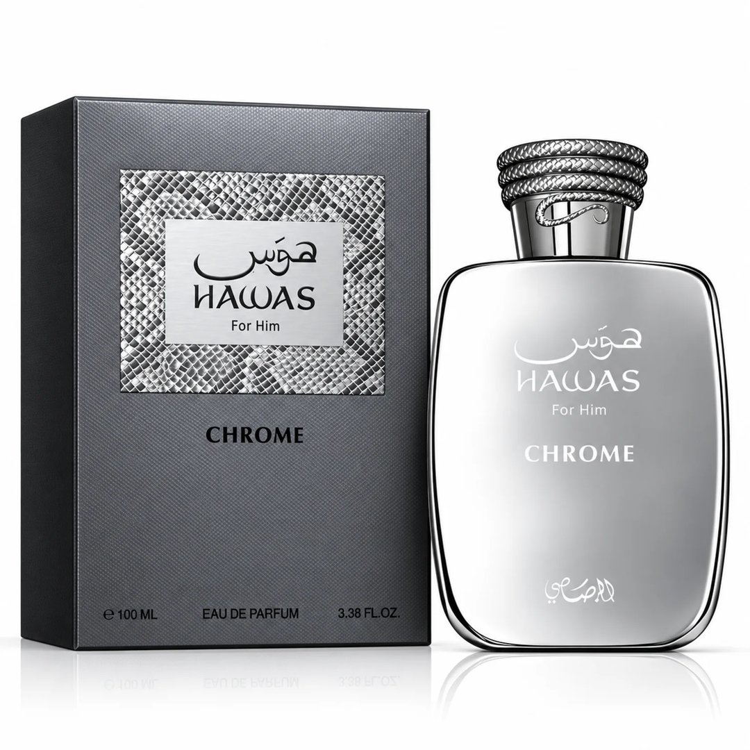 RASASI Hawas Chrome For Him by Rasasi 100ml EDP — Silver bottle and grey textured box with snake skin pattern detail, both displaying the product name and 'For Him' text.