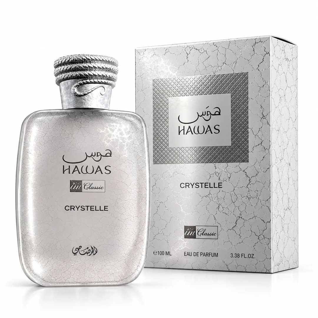 RASASI Hawas Crystelle by Rasasi 100ml EDP — Silver cracked texture bottle and box, with ornate silver cap, set against a white background.