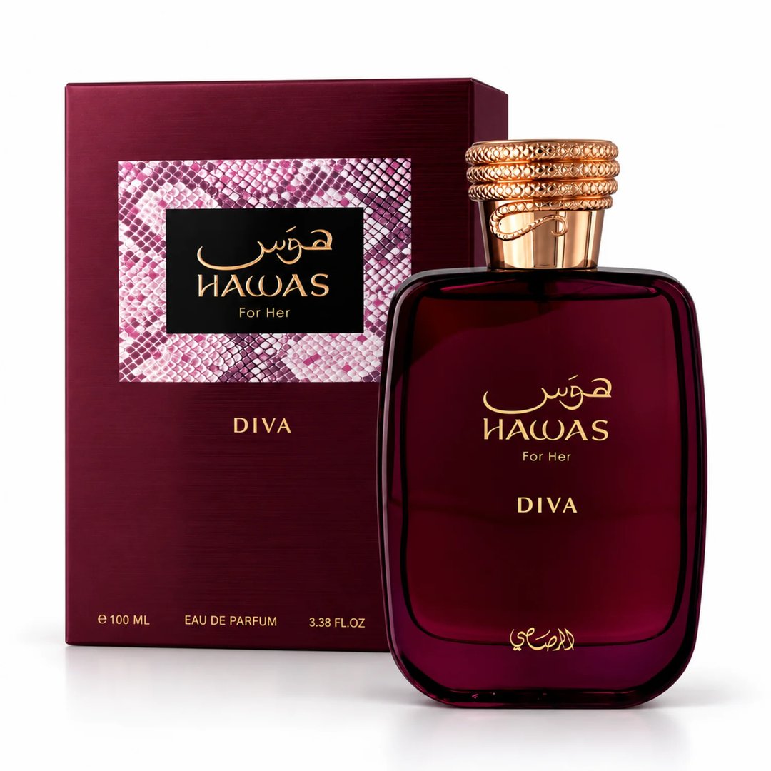 RASASI Hawas Diva by Rasasi 100ml EDP — A deep burgundy perfume bottle with gold accents and the brand name 'HAWAS' in Arabic and English. A matching burgundy box with a pink snakeskin pattern is displayed next to it.
