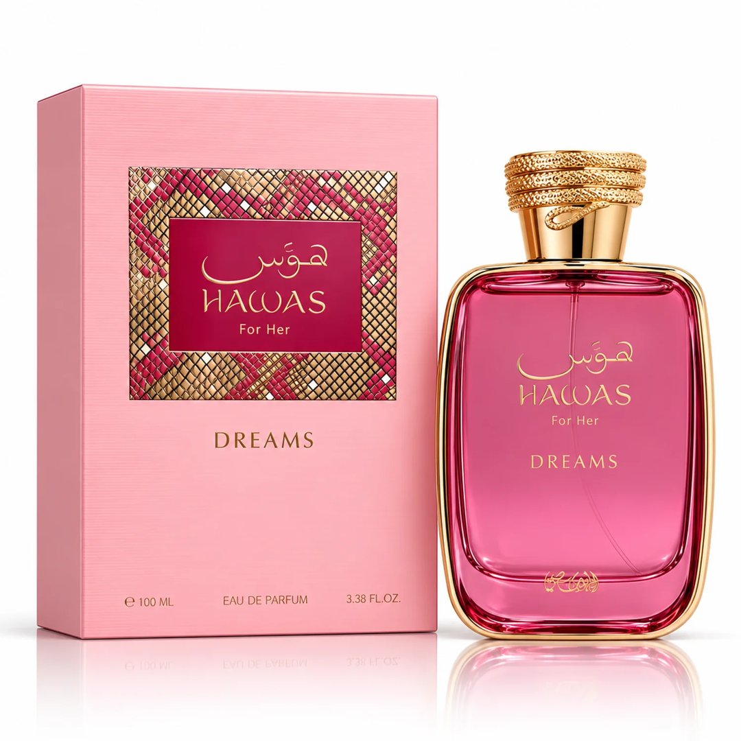 RASASI Hawas Dreams by Rasasi 100ml EDP — Pink textured box and a pink glass perfume bottle with a gold textured cap, set against a white background.