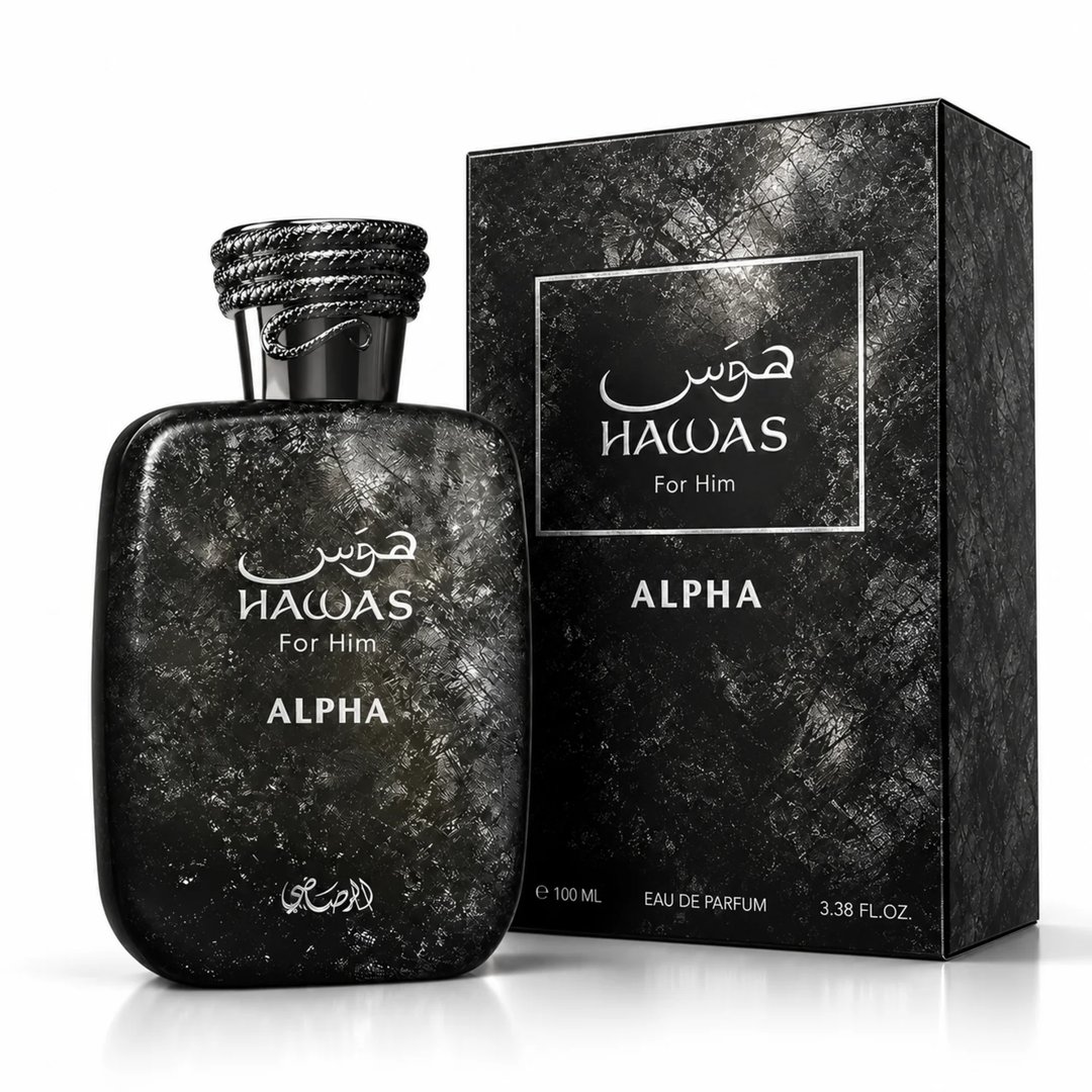 RASASI Hawas For Him Alpha by Rasasi 100ml EDP — A dark, textured bottle of Rasasi Hawas For Him Alpha Eau de Parfum stands next to its matching black textured box, both featuring white Arabic and English text.