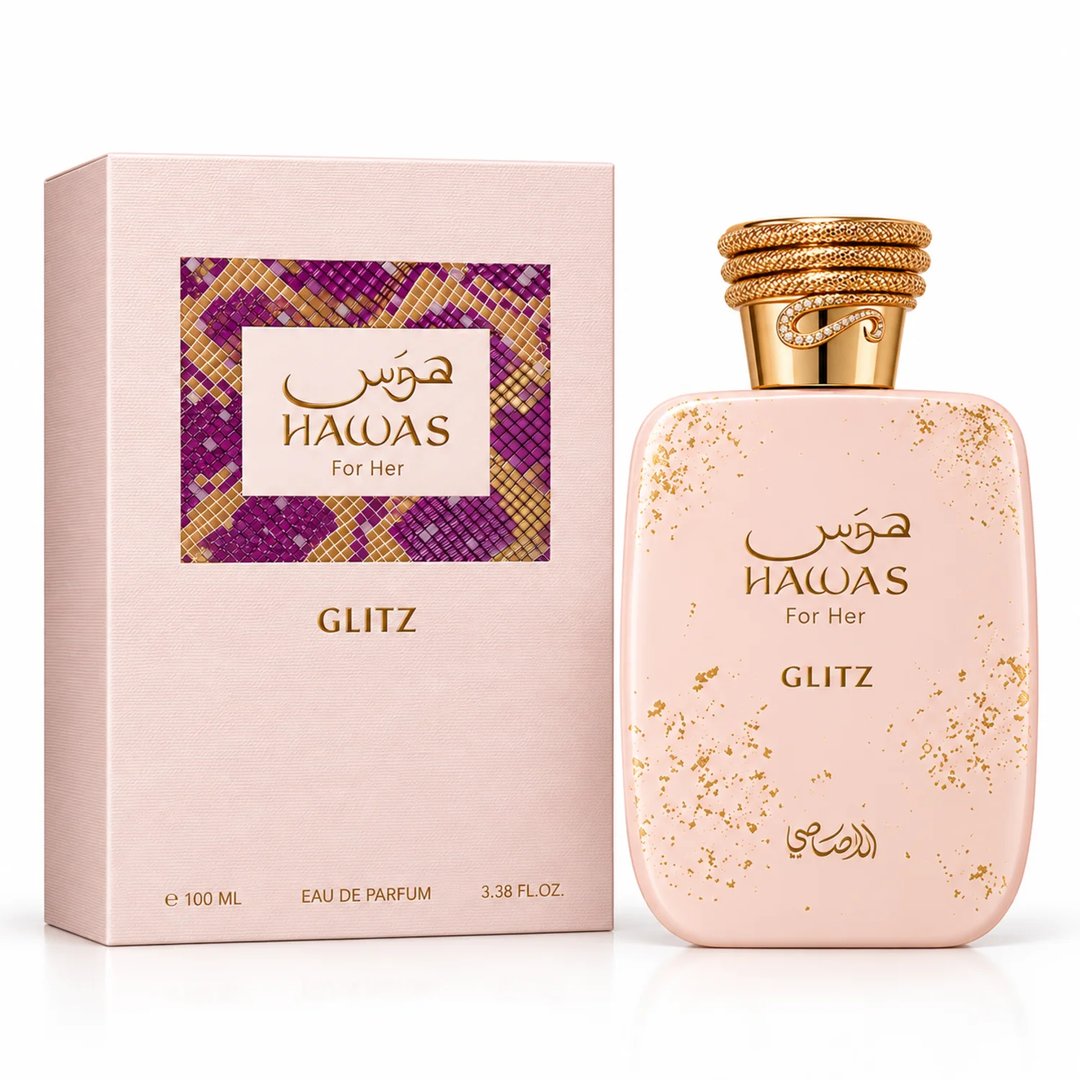 RASASI Hawas Glitz by Rasasi 100ml EDP — Pink perfume bottle with gold glitter accents and a textured gold cap, next to its matching pink box with a mosaic pattern.