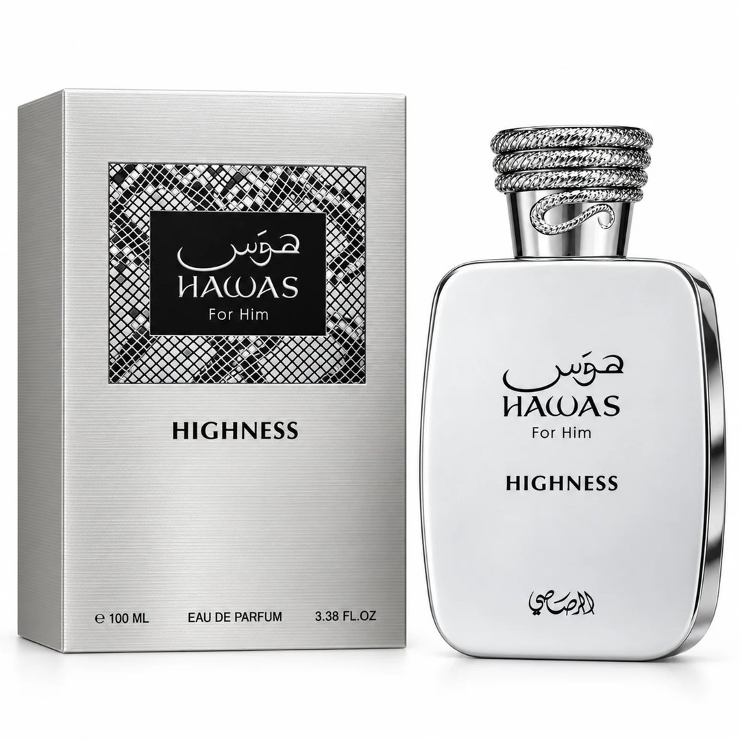 RASASI Hawas Highness by Rasasi 100ml EDP — Silver box with intricate black pattern and text, next to a silver bottle with a textured silver cap and matching text.