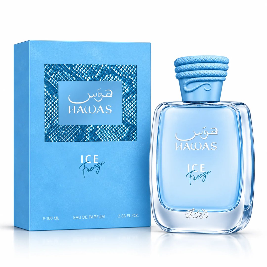 RASASI Hawas Ice Freeze by Rasasi 100ml EDP — Blue box and clear glass perfume bottle with blue cap, featuring snake skin pattern detail on the box and bottle label.
