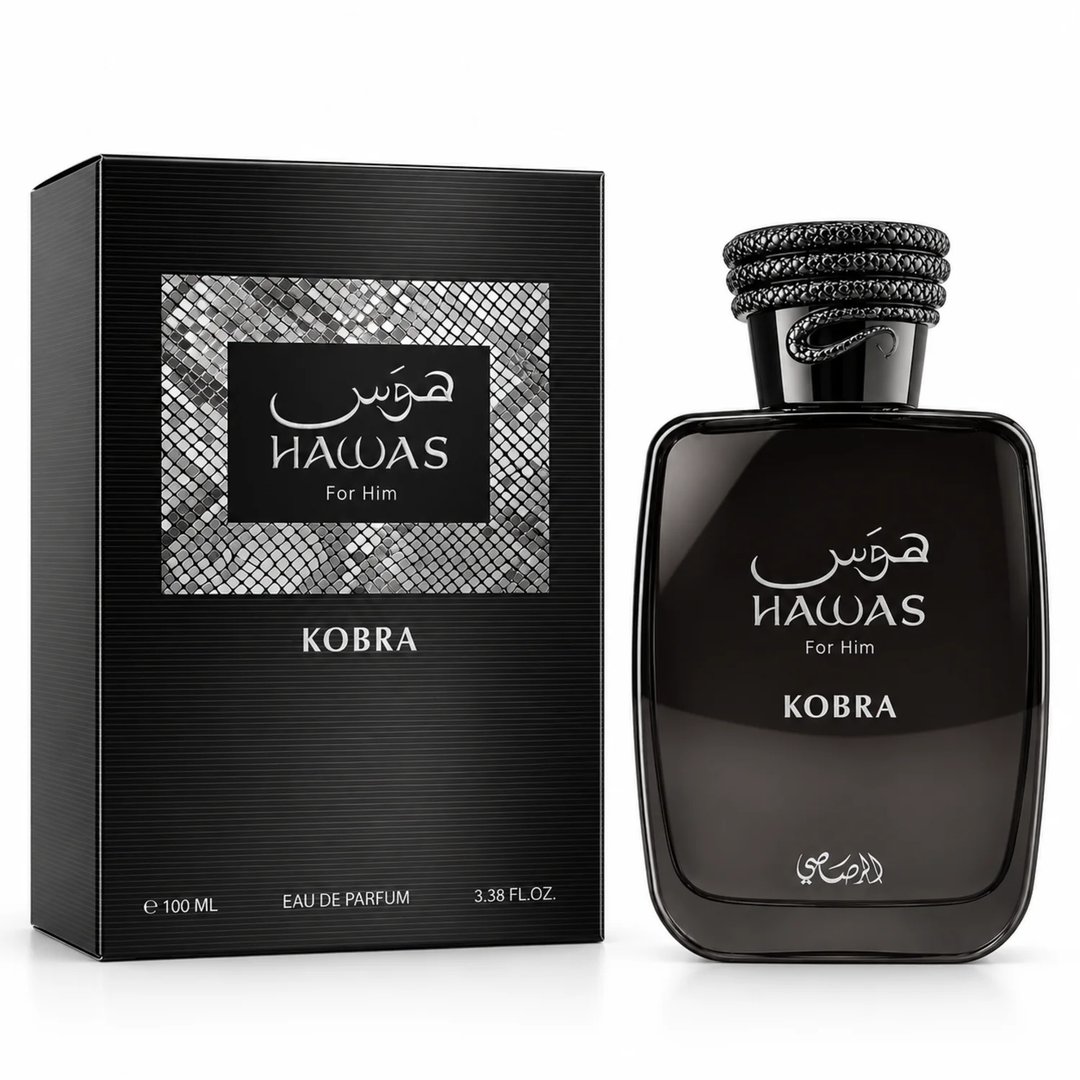 RASASI Hawas Kobra by Rasasi 100ml EDP — Black perfume box and bottle with snake-like cap, silver mosaic detail on box, white text.