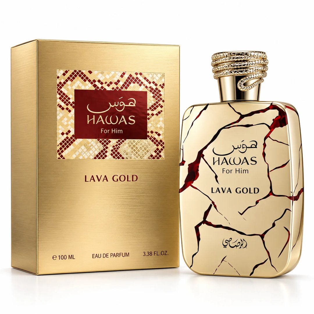 RASASI Hawas Lava Gold 100ml EDP — Gold textured box with red and gold patterned label next to a gold cracked glass perfume bottle with a coiled gold cap.