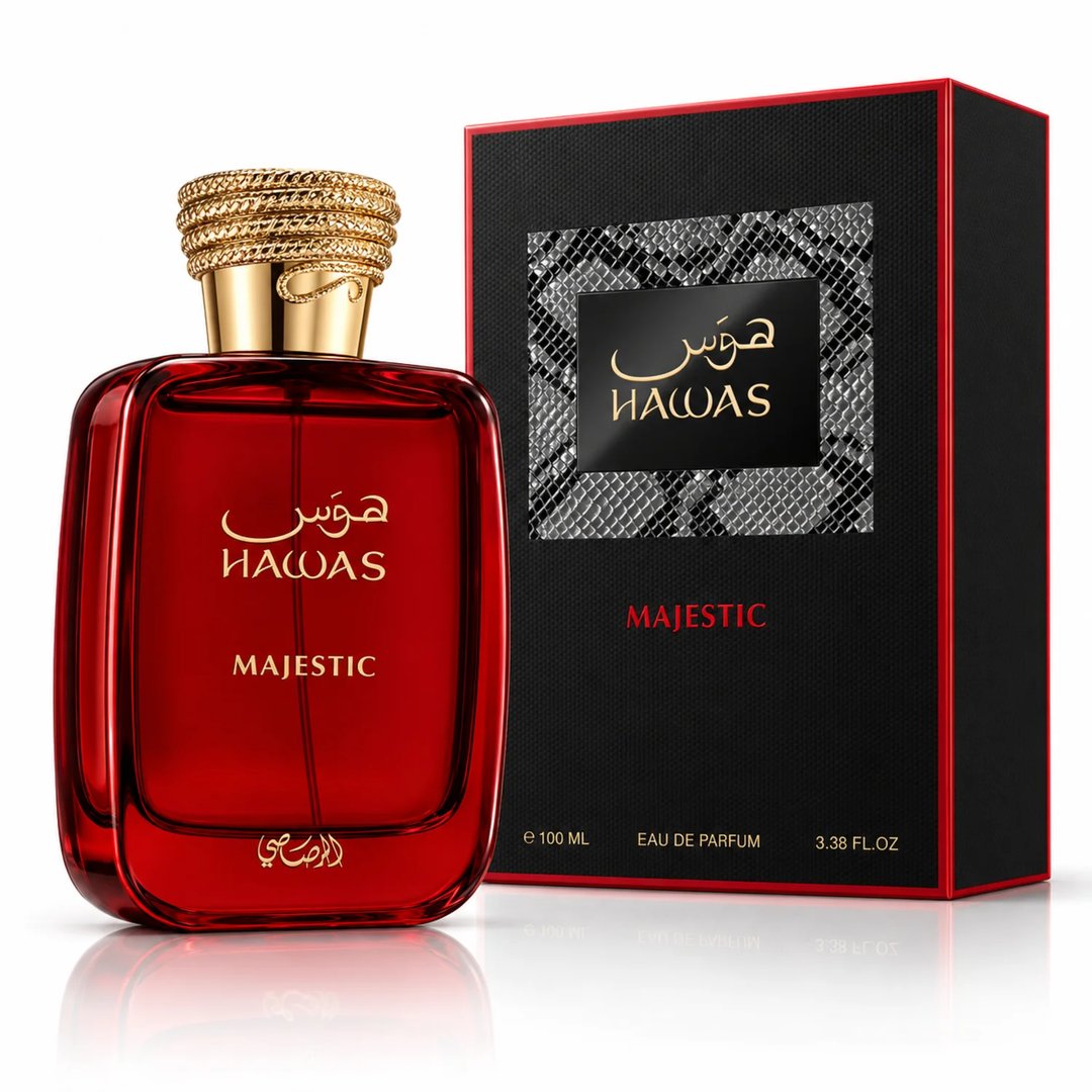 RASASI Hawas Majestic by Rasasi 100ml EDP — Red glass perfume bottle with gold textured cap, next to a black and red textured box with gold text and snake skin pattern.