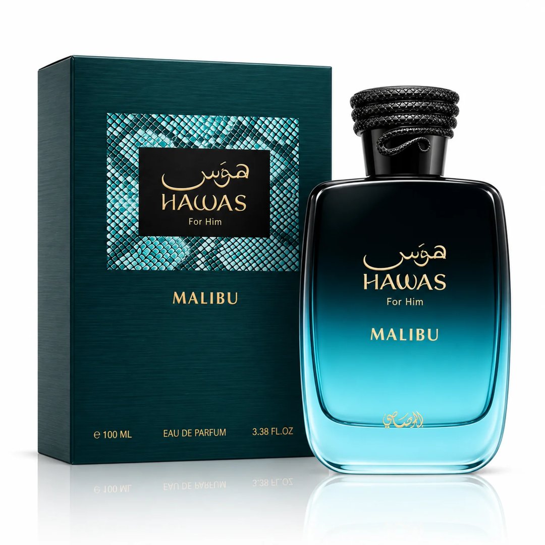 RASASI Hawas Malibu by Rasasi 100ml EDP — Teal textured box with snake skin pattern and gold text next to a gradient blue glass perfume bottle with a coiled snake cap.