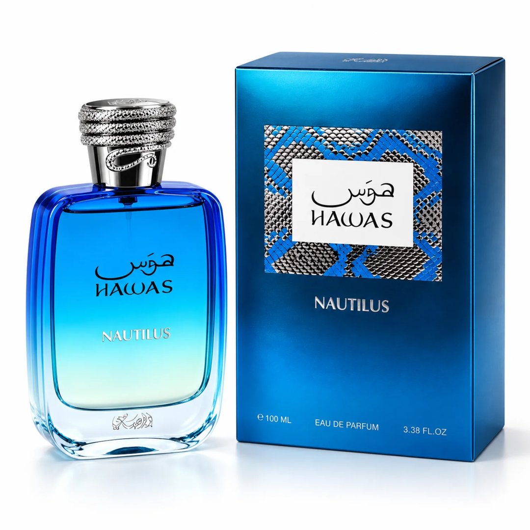 RASASI Hawas Nautilus by Rasasi 100ml EDP — Blue gradient glass perfume bottle with silver textured cap next to a matching blue box with a snake-skin pattern detail
