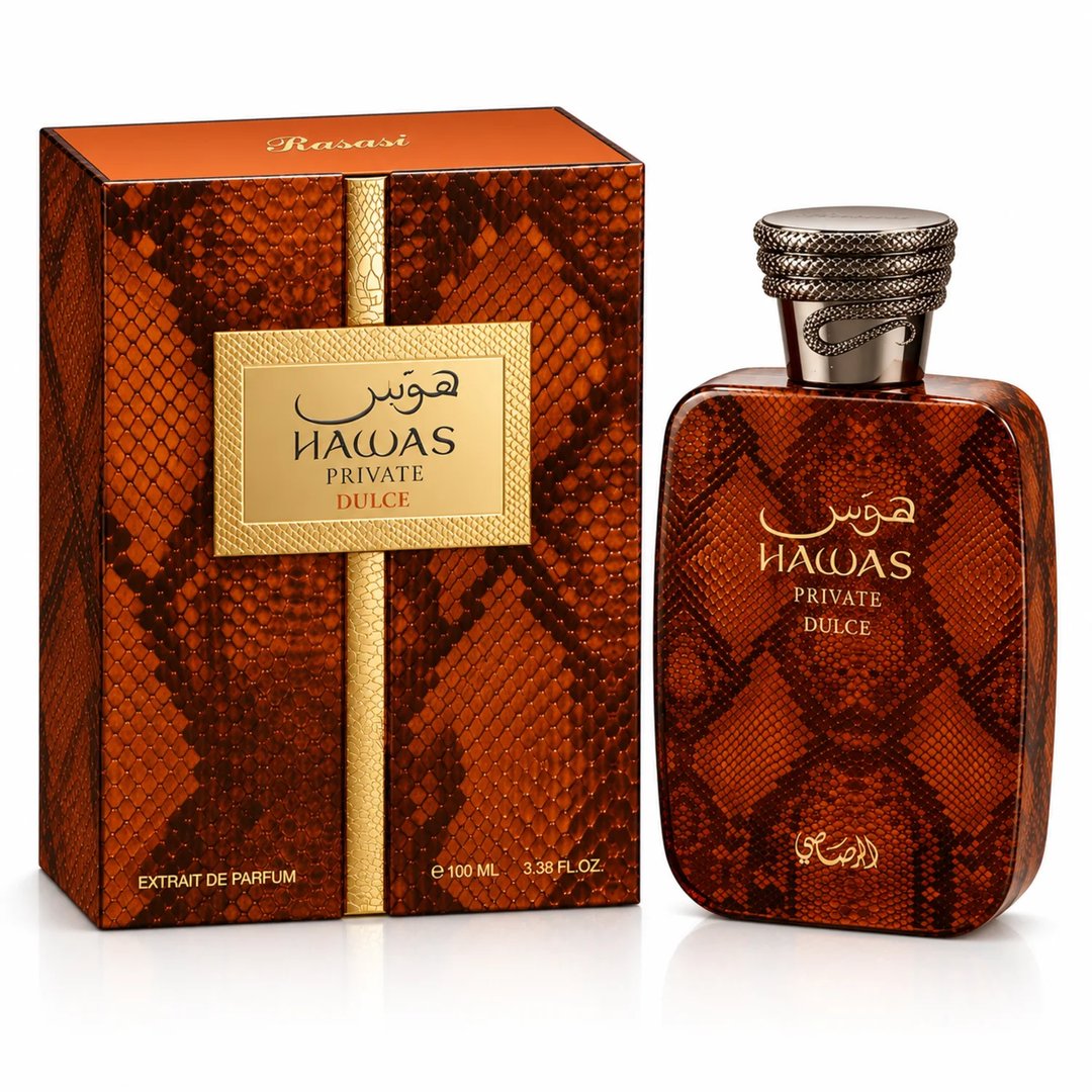 RASASI Hawas Private Dulce by Rasasi 100ml EDP — Brown snakeskin patterned perfume box and bottle with gold accents and a snake-shaped cap