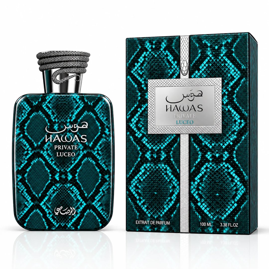 RASASI Hawas Private Luceo by Rasasi 100ml EDP — Teal snakeskin patterned bottle and matching box with silver snake-like cap detail
