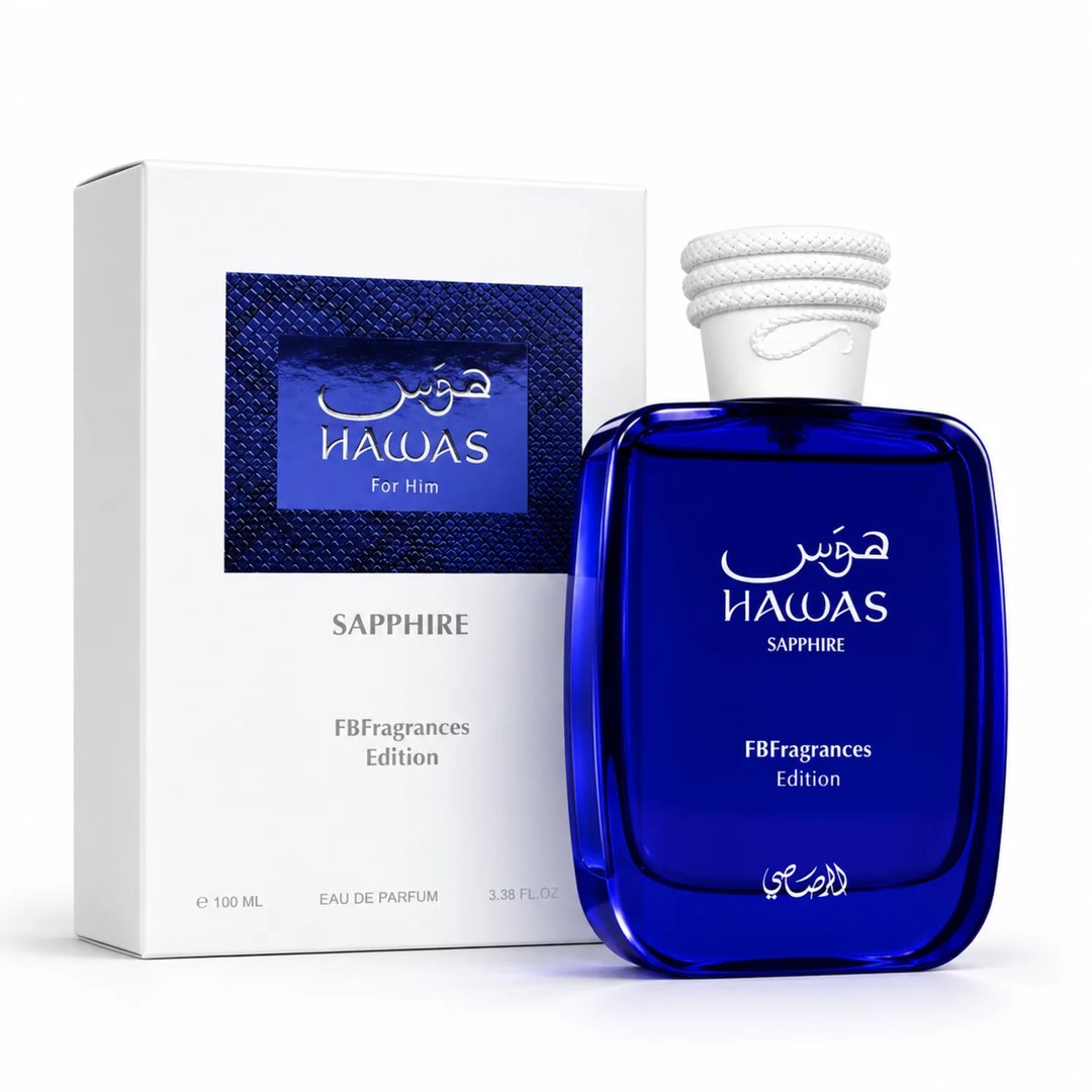 RASASI Hawas Sapphire FB Fragrances Edition by Rasasi 100ml EDP — Blue glass perfume bottle with white textured cap next to its white box, both featuring blue and gold accents.