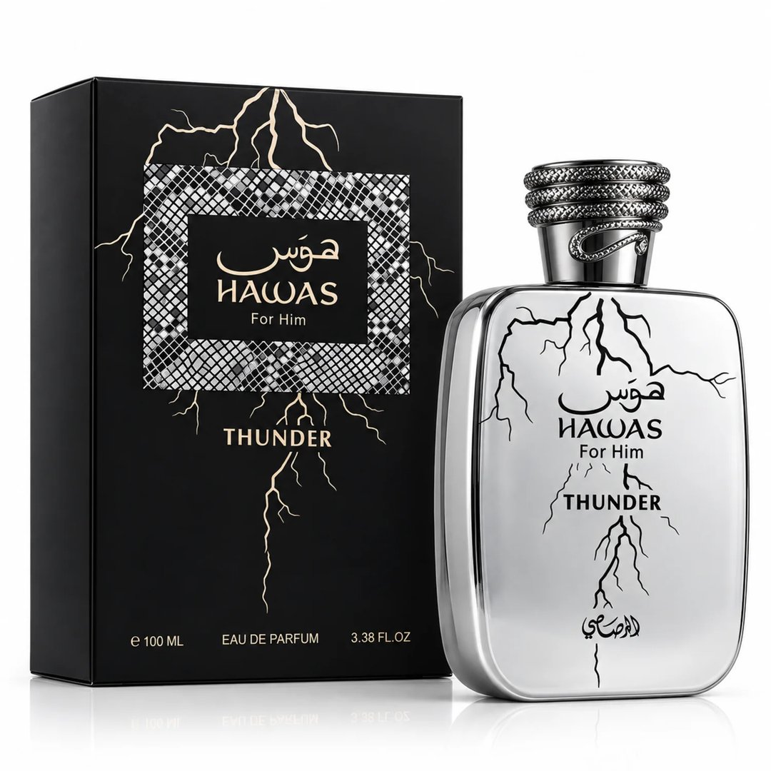 RASASI Hawas Thunder by Rasasi 100ml EDP — White bottle with black lightning bolt design and Arabic script, silver snake-wrapped cap.