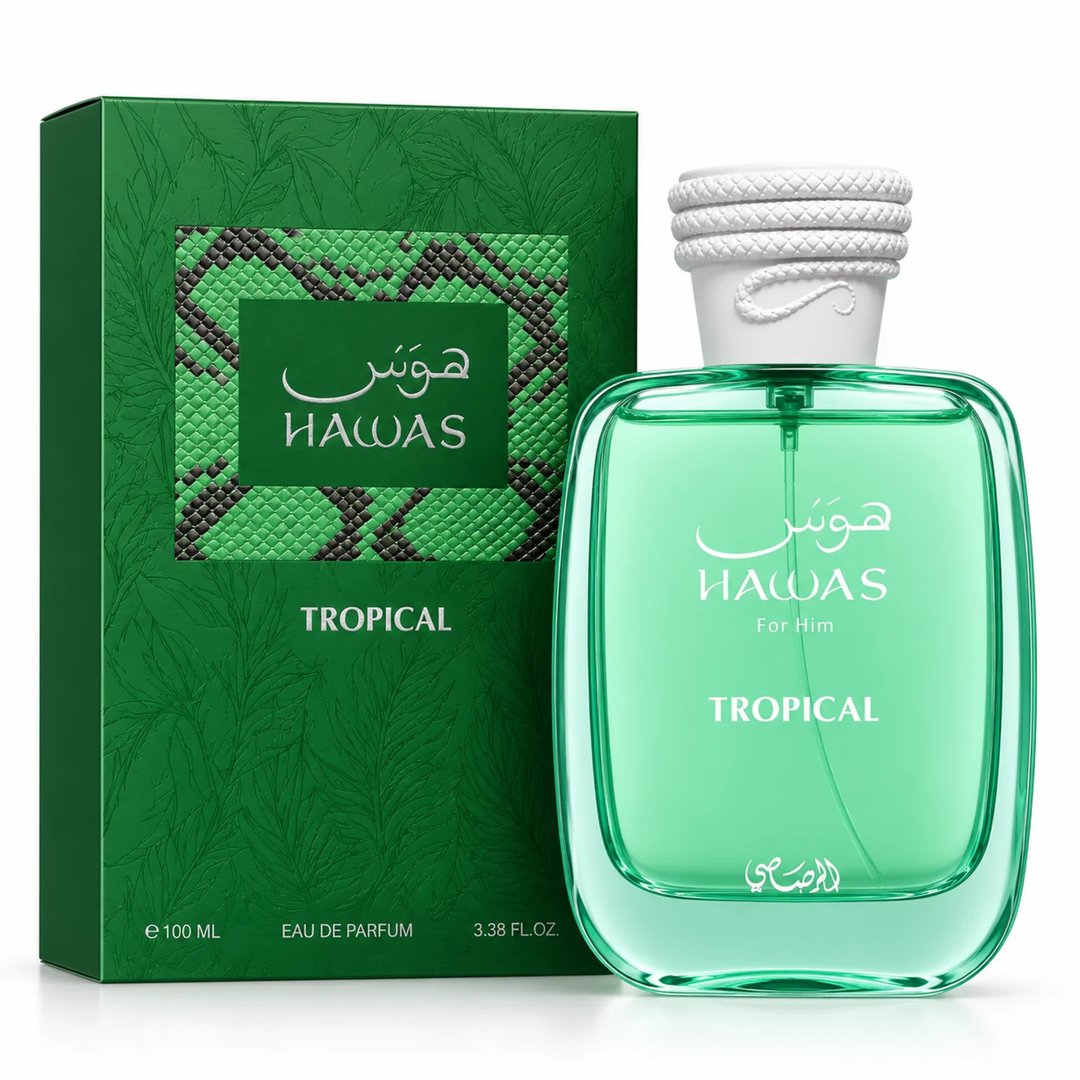 RASASI Hawas Tropical by Rasasi 100ml EDP — Green snake-skin patterned box next to a clear green glass bottle with a white textured cap, showing "Hawas Tropical for Him" text.
