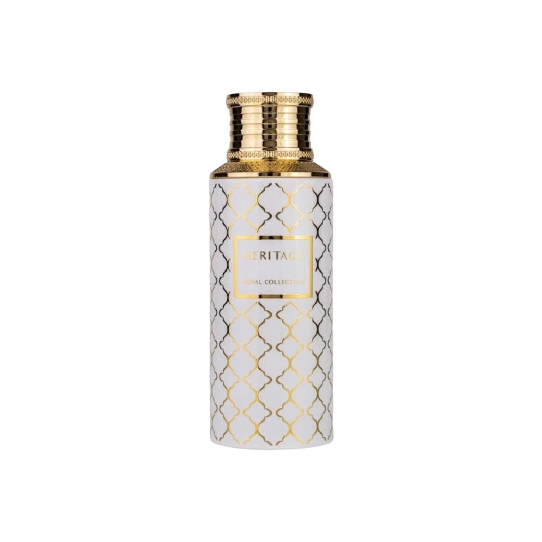Maison Asrar Heritage by Maison Asrar 100ml EDP Unisex — White bottle with gold geometric pattern and gold fluted cap