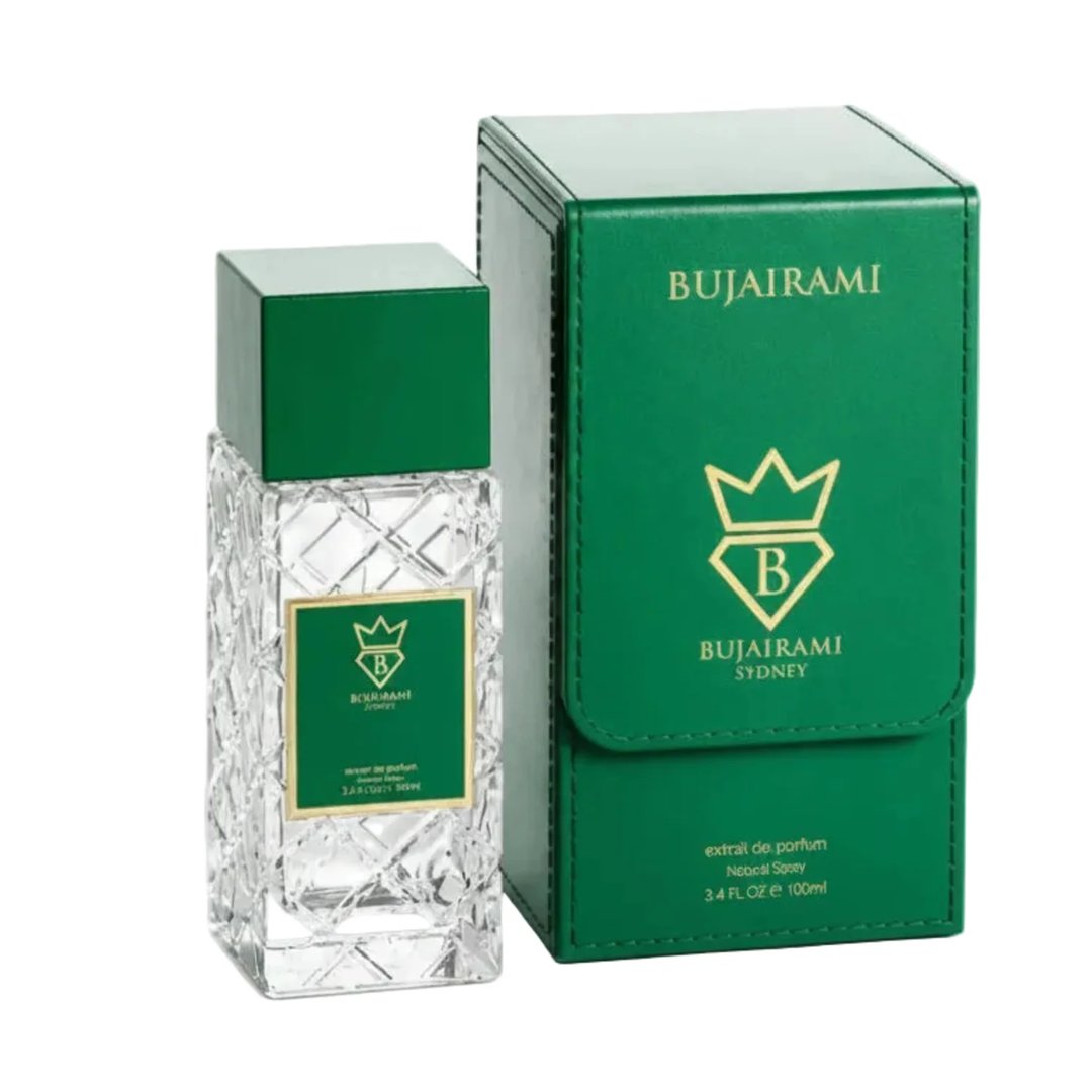 Bujairami Ibiza by Bujairami 100ml Extrait de Parfum — Clear faceted glass bottle with green cap and label next to a green