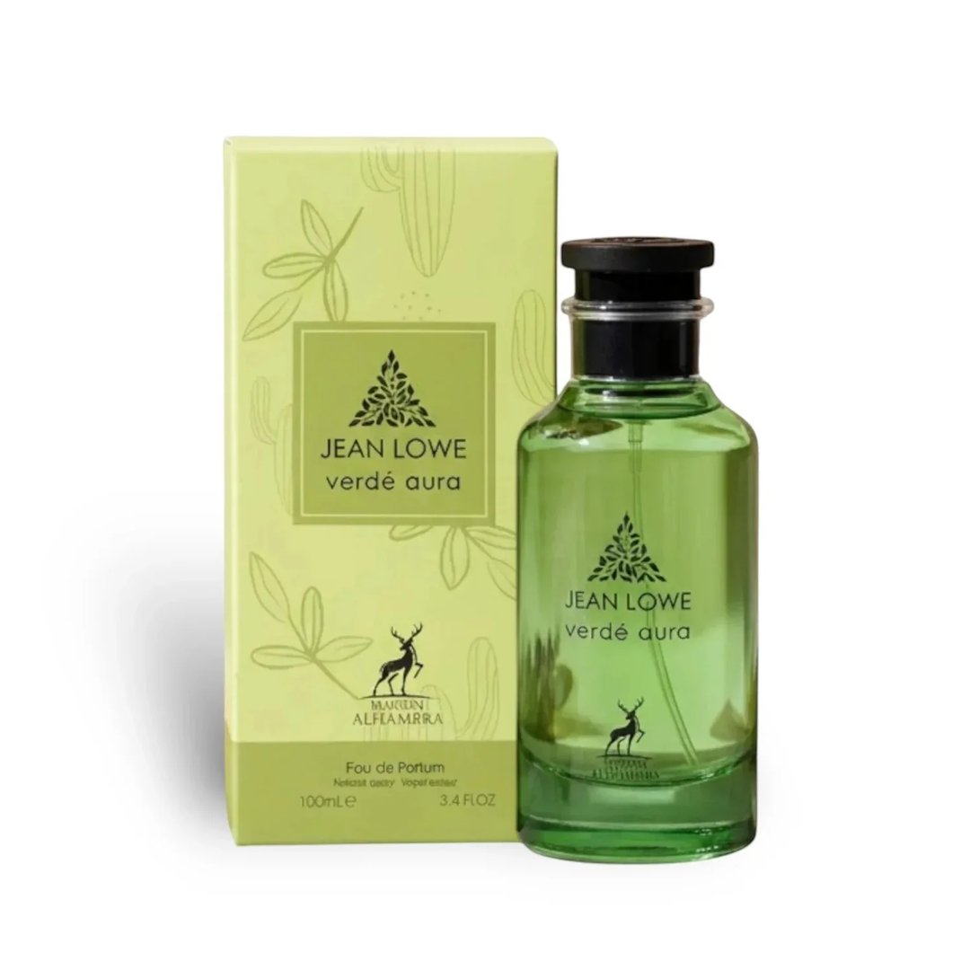 Maison Alhambra Jean Lowe Verde Aura Alhambra 100ml — A green glass perfume bottle and its matching light green box with cactus and leaf illustrations, set against a white background. | Maison Alhambra Jean Lowe Verde Aura Alhambra 100ml — Botol kaca hijau dan kotak hijau muda padanannya dengan ilustrasi kaktus dan