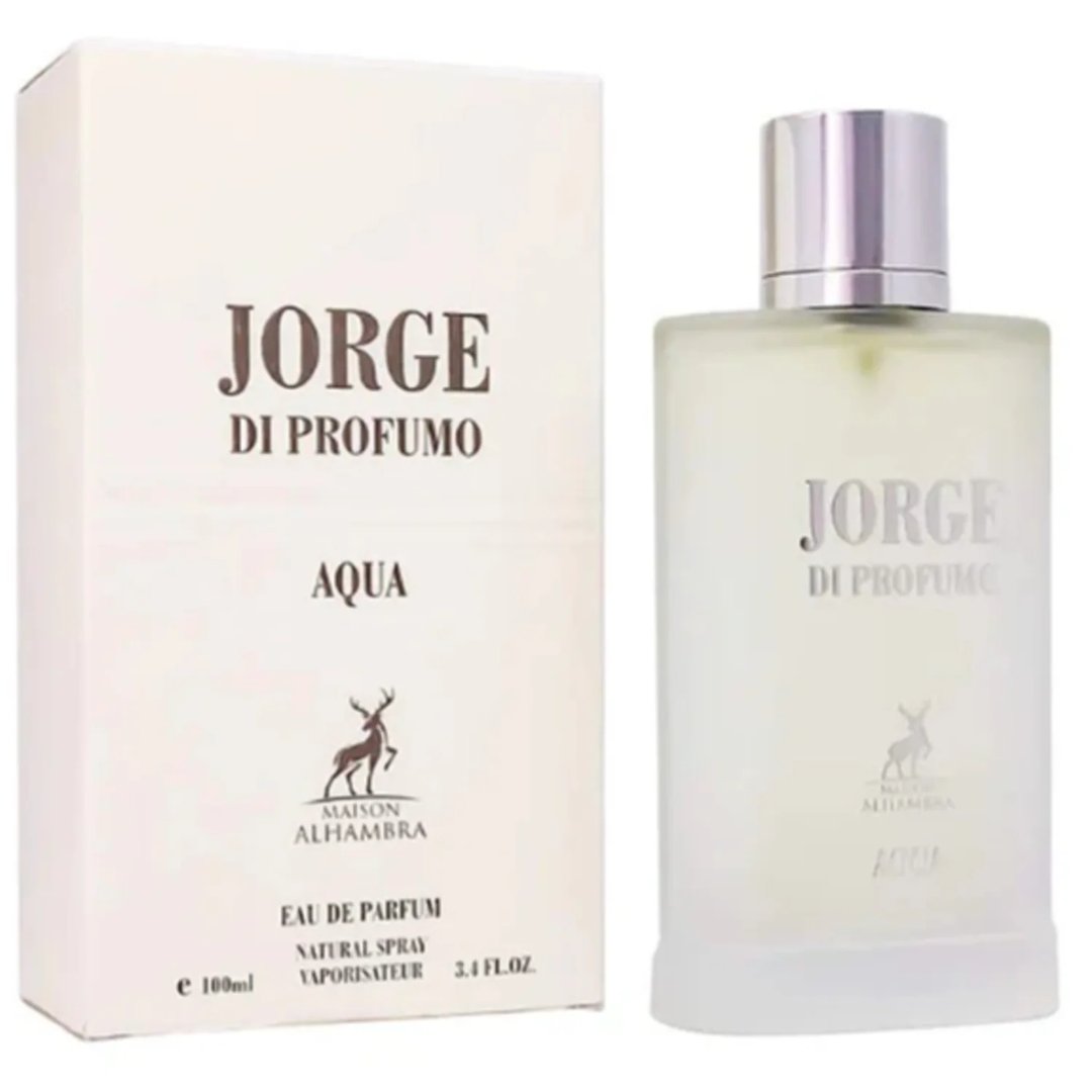 Maison Alhambra Jorge Di Profumo Aqua — A white box and a frosted glass bottle of Jorge Di Profumo Aqua perfume, with a deer logo on both. | Maison Alhambra Jorge Di Profumo Aqua — Kotak putih dan botol kaca beku minyak wangi Jorge Di Profumo Aqua, dengan logo rusa pada kedua-duanya.