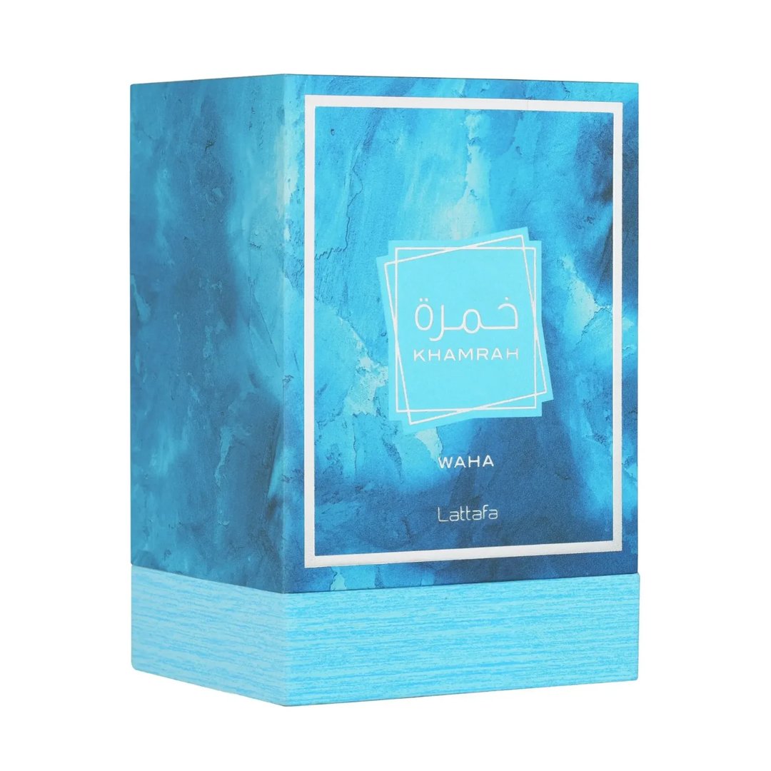 Lattafa Khamrah Waha Lattafa Perfumes 100ml EDP — Blue marbled box with white frame and Arabic text Khamrah