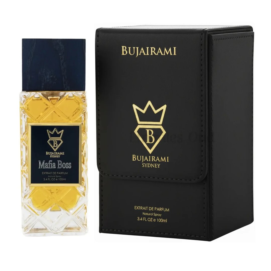 Bujairami Mafia Boss — Clear glass perfume bottle with gold liquid next to a black presentation box with gold logo and text