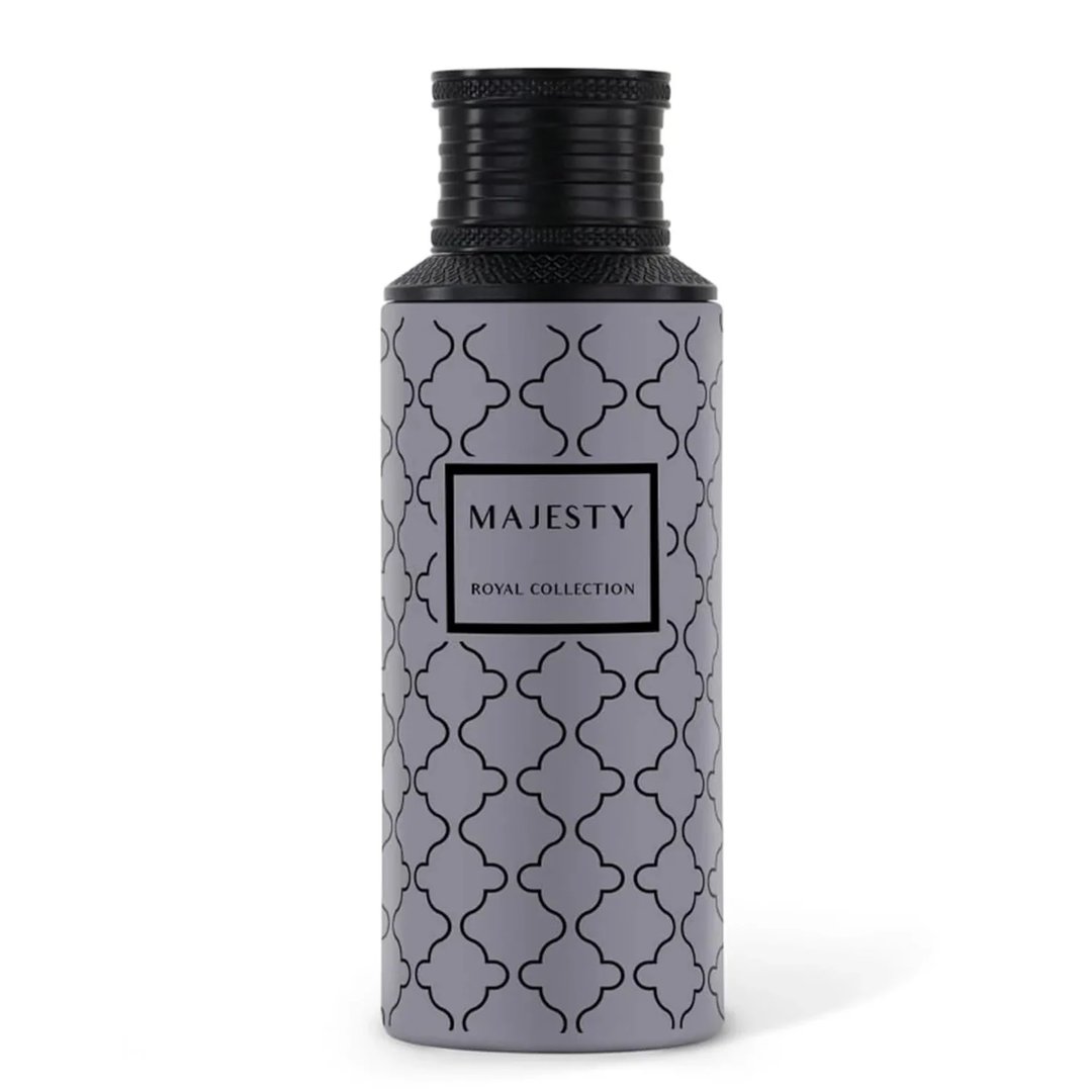 Maison Asrar Majesty by Maison Asrar 100ml EDP Unisex — A grey bottle with a repeating black quatrefoil pattern and a black textured cap, featuring a black label with 'MAJESTY' and 'ROYAL COLLECTION' text.