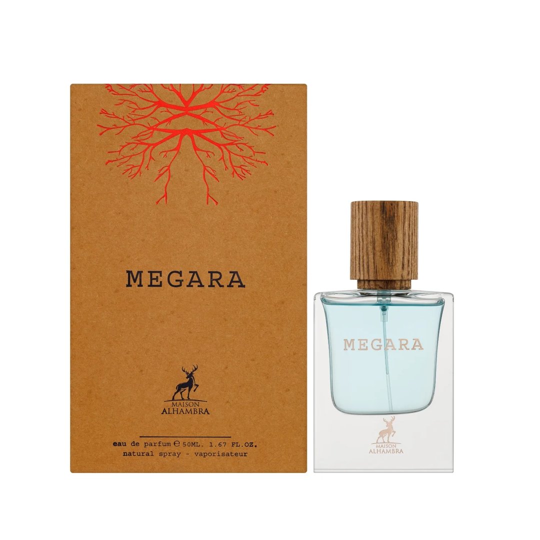 Maison Alhambra Megara 50ml Maison Alhambra — Brown cardboard box with red tree root design and text "MEGARA" next to a clear glass perfume bottle with blue liquid and a wooden cap, featuring the "Maison Alhambra" logo on both. | Maison Alhambra Megara 50ml Maison Alhambra — Kotak kadbod perang dengan reka bentuk akar