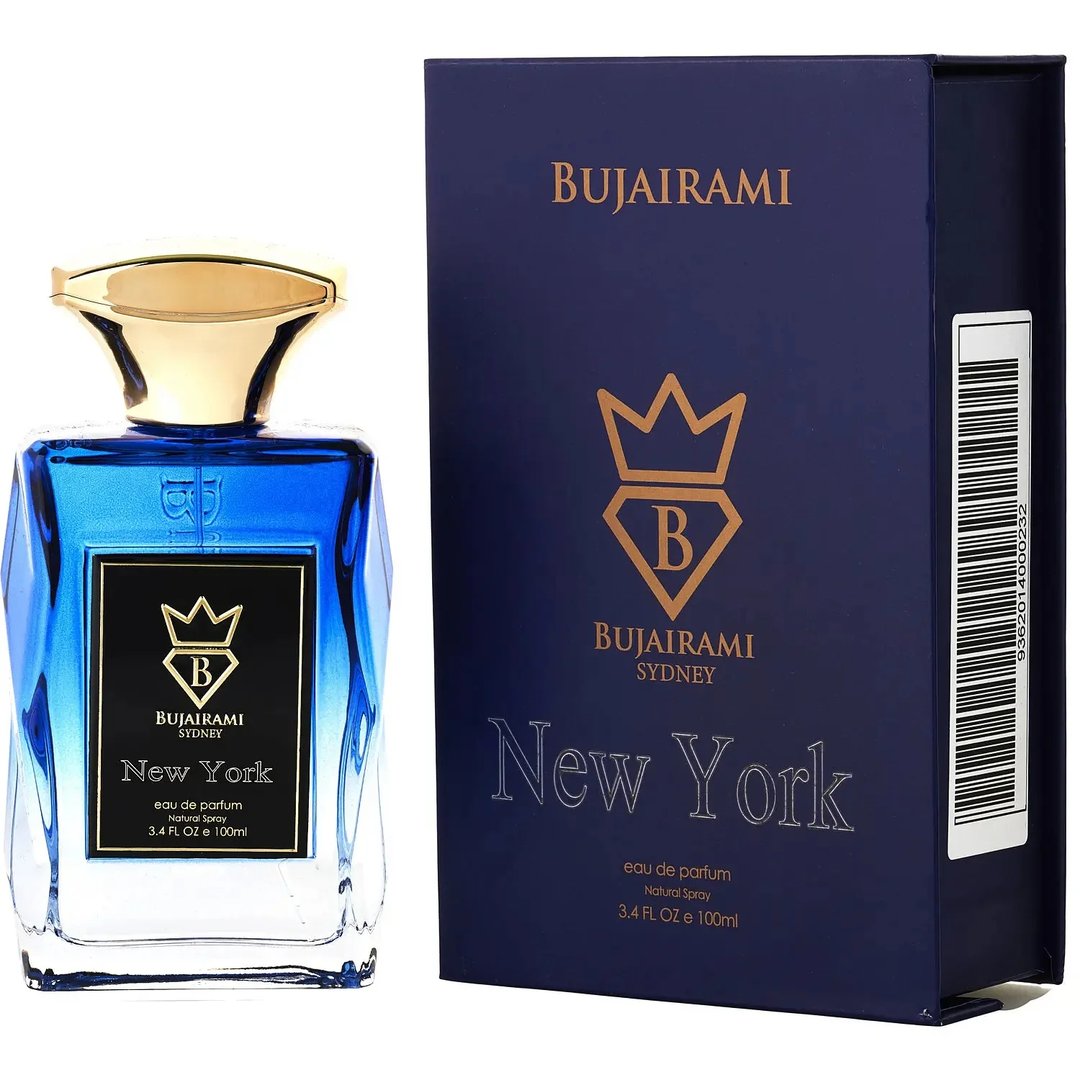 Bujairami New York Eau de Parfum — Blue gradient glass bottle with gold cap next to a navy blue box with gold lettering and