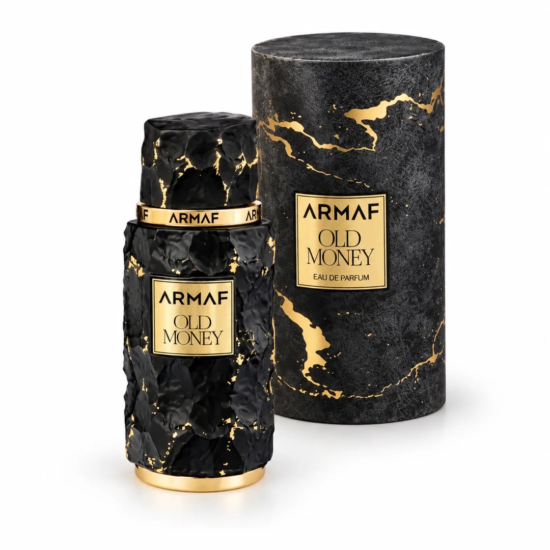 Armaf Old Money by Armaf 100ml EDP Unisex — Black textured bottle with gold accents and matching cylindrical box with gold marble pattern