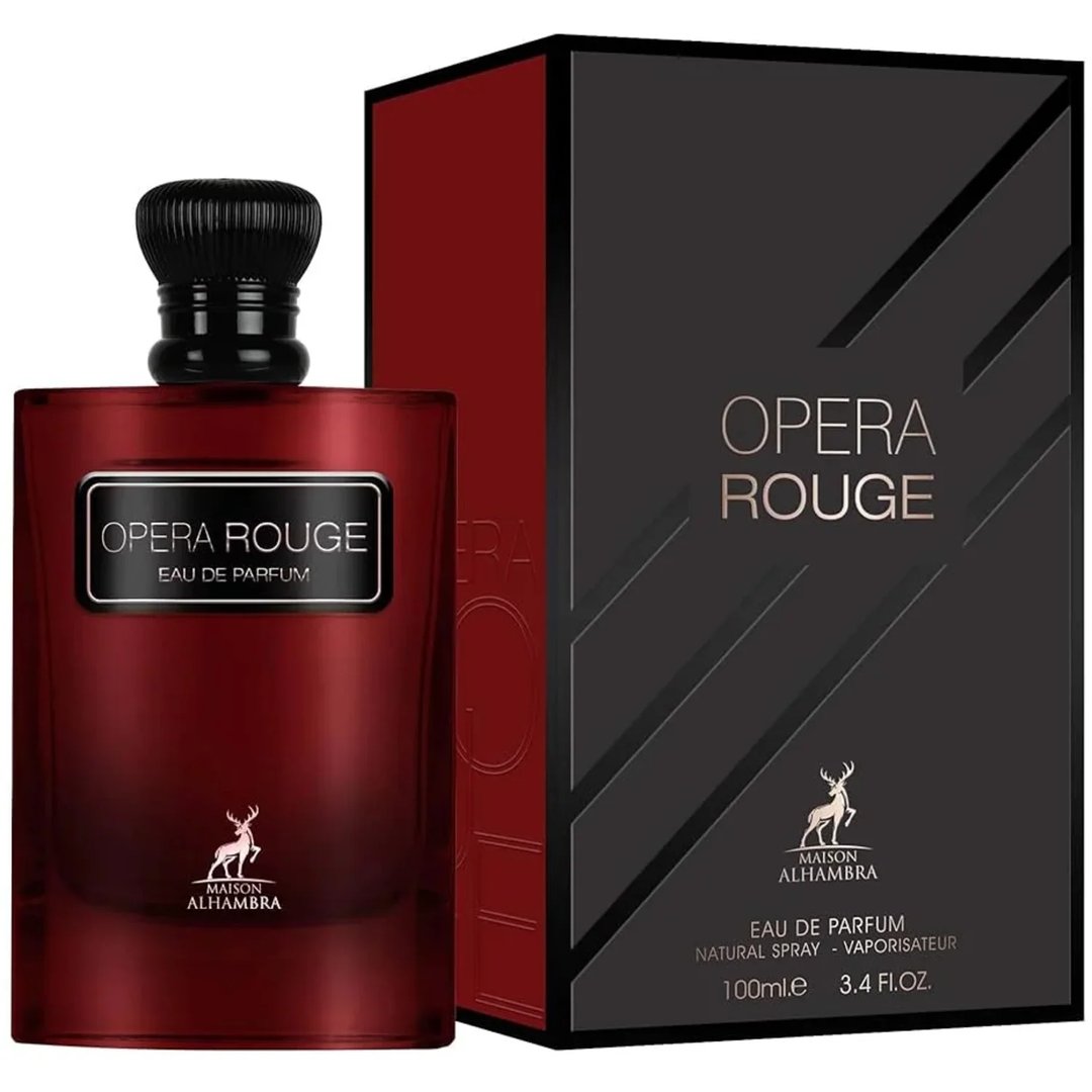 Maison Alhambra Opera Rouge — A deep red, rectangular perfume bottle with a black textured cap and a silver label reading "OPERA ROUGE EAU DE PARFUM" and a deer logo below, stands next to its matching black and red box. | Maison Alhambra Opera Rouge — Botol minyak wangi berbentuk segi empat berwarna merah pekat dengan