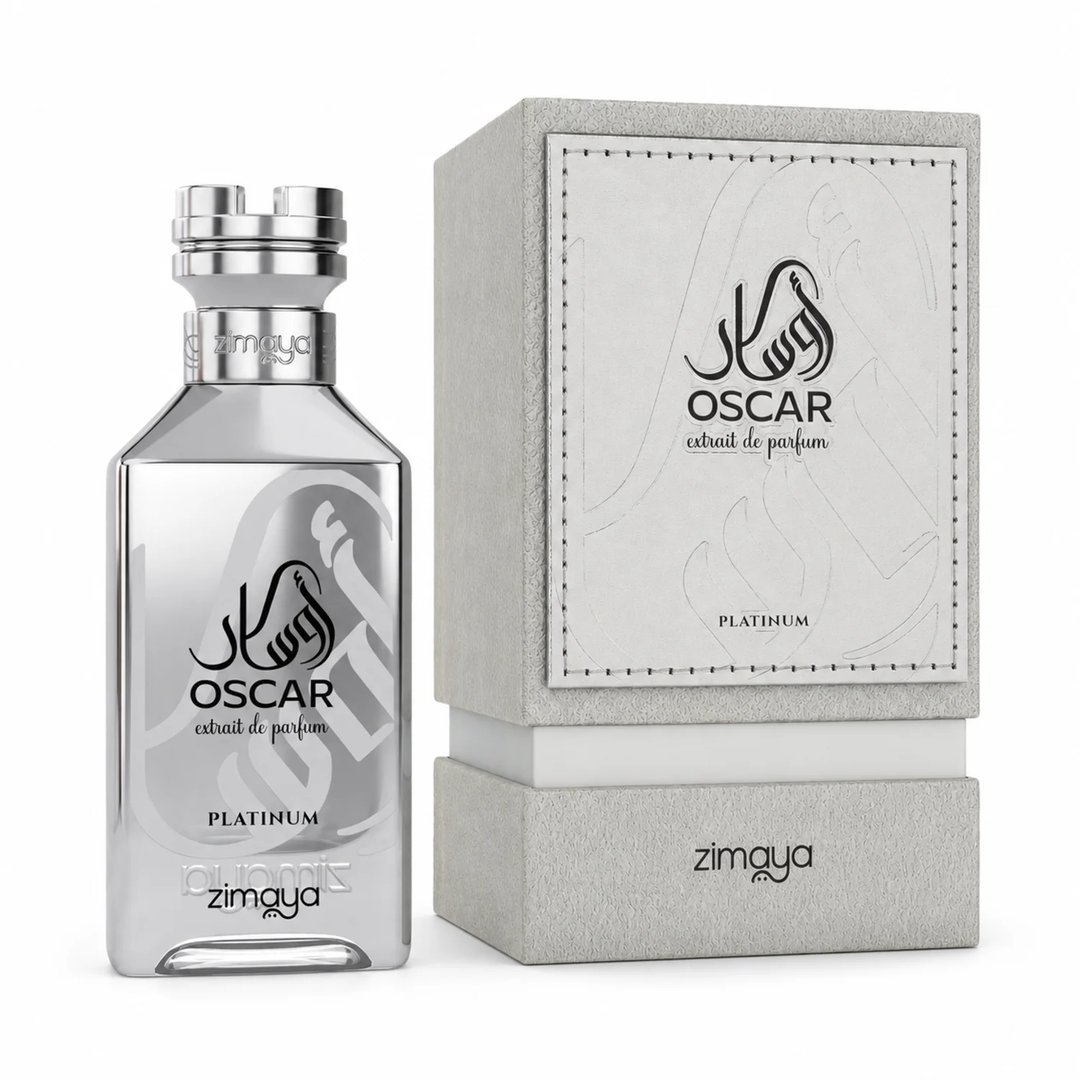 Zimaya Oscar Platinum — Silver perfume bottle and its grey textured box packaging, both featuring black Arabic calligraphy and text.