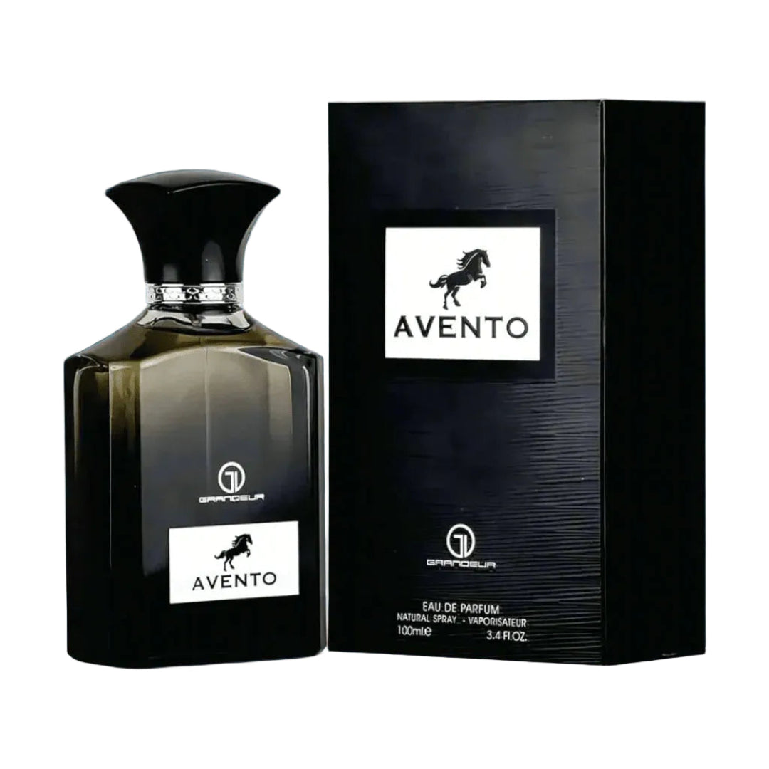 Avento perfume bottle and packaging on a blue background