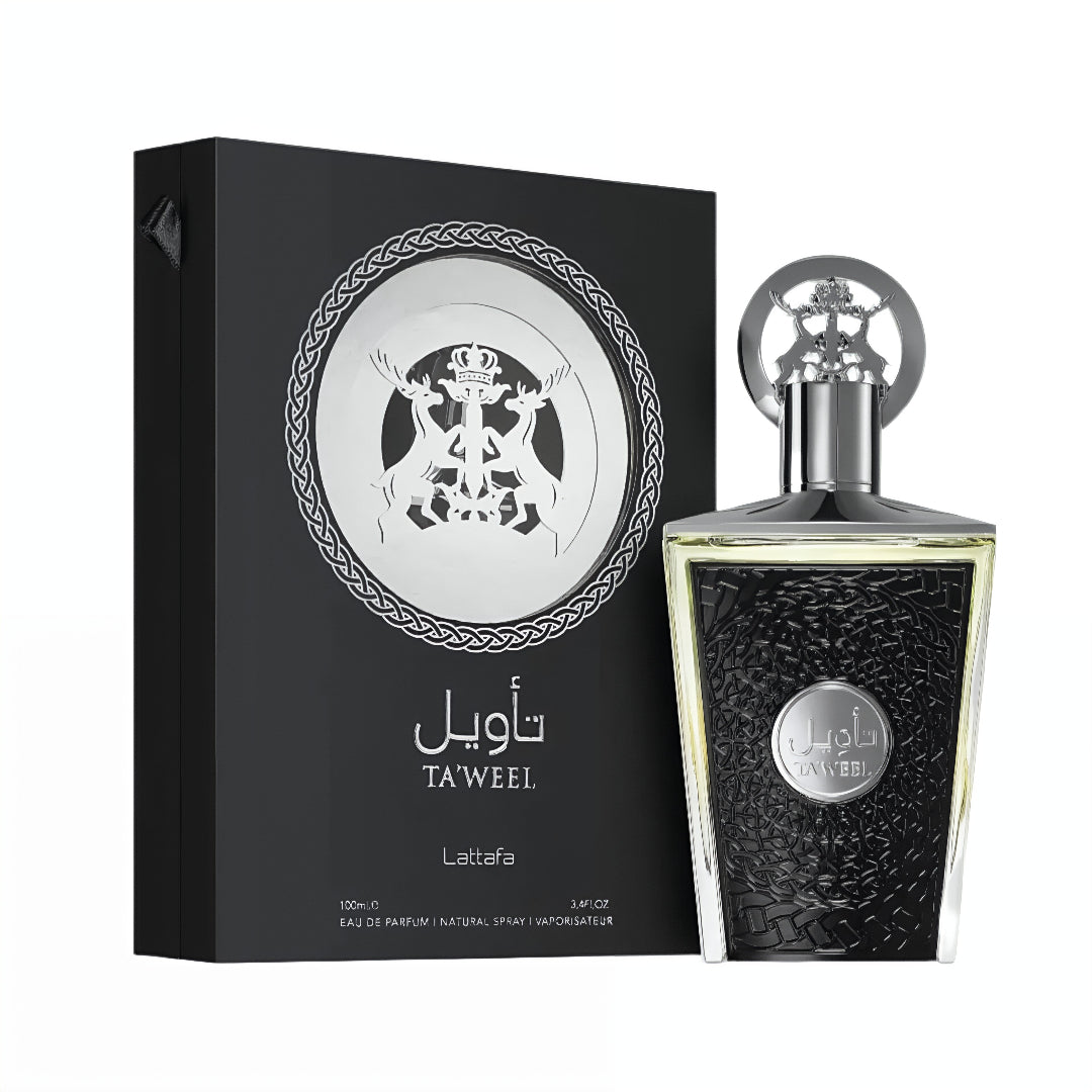 Perfume bottle and packaging of Ta'weel Latifa on a white background