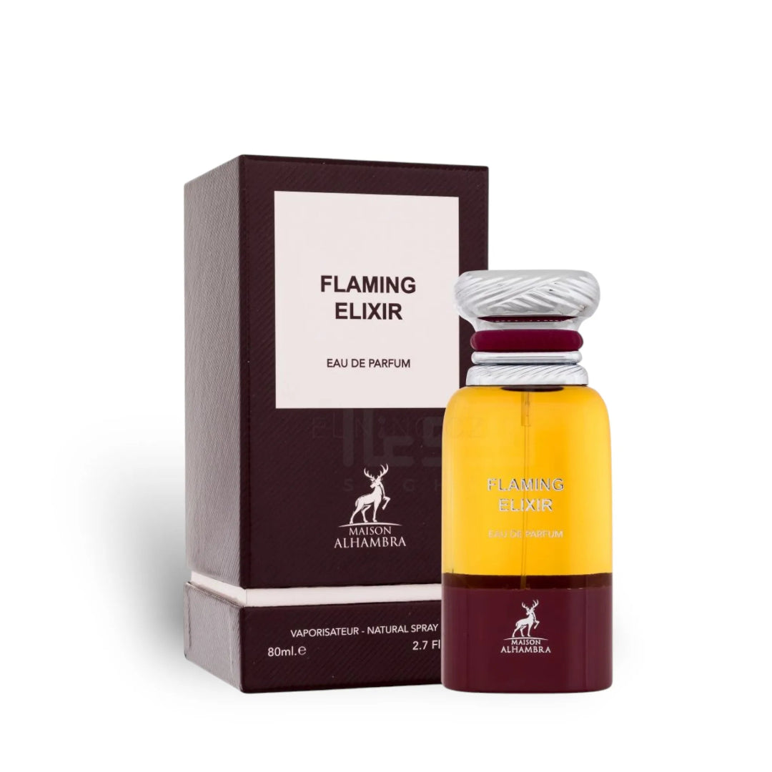 Maison Alhambra Flaming Elixir perfume bottle and packaging on a white background