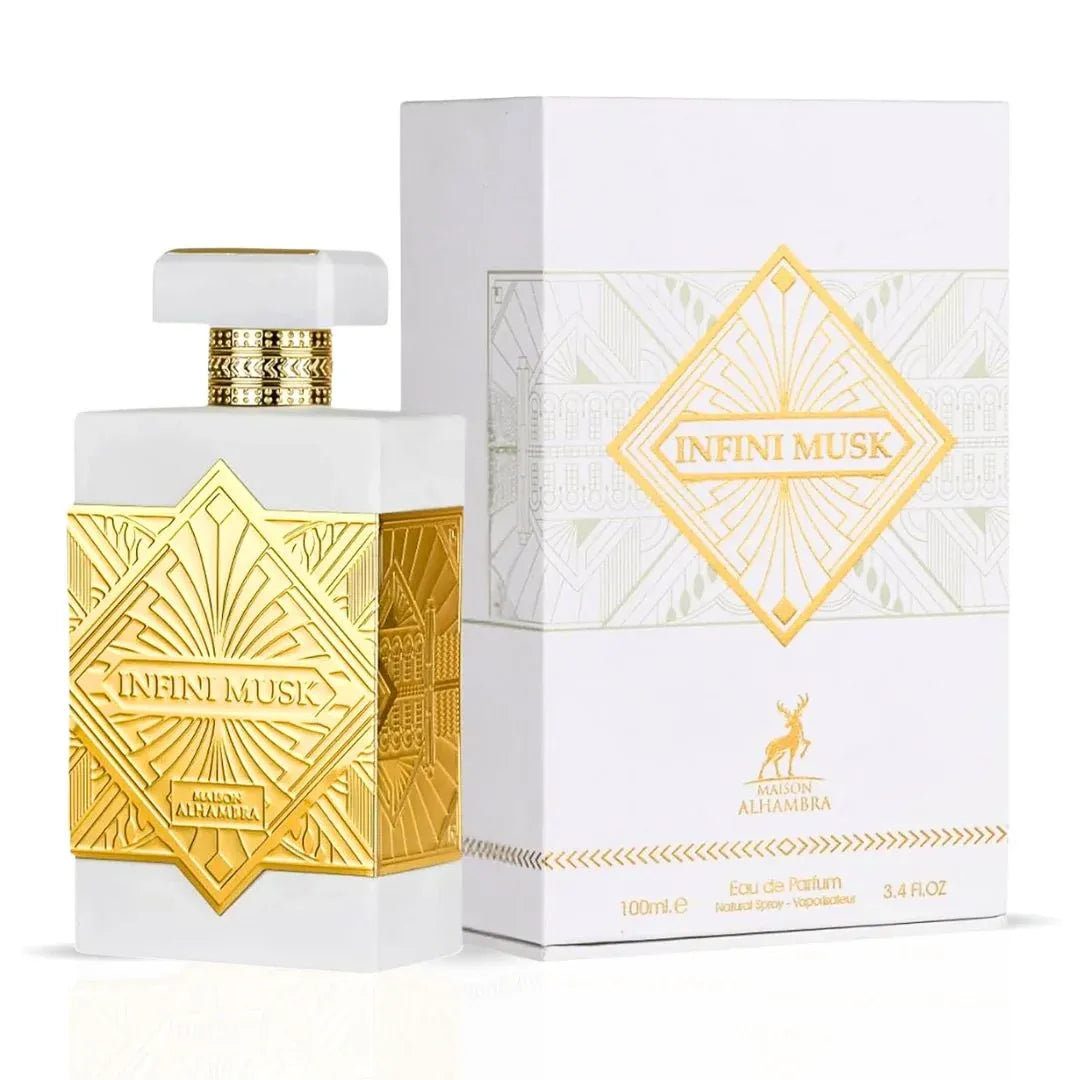 Perfume bottle and packaging of INFINI MUSK on a white background