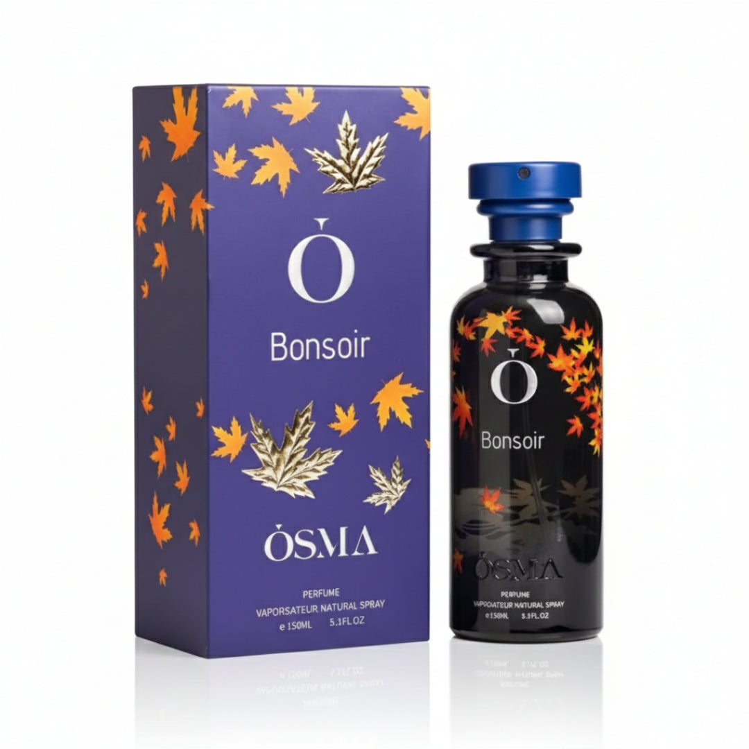 Osma Bonsair perfume bottle and packaging with leaf design on a white background